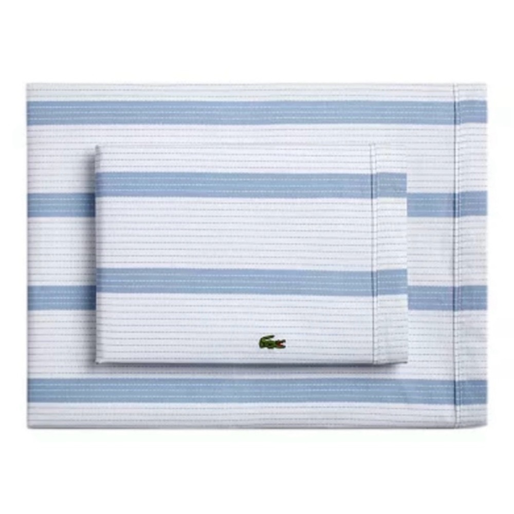 LACOSTE “Archive Striped Sheet” in Zen Blue Cal King Sheet Set NEW NIP